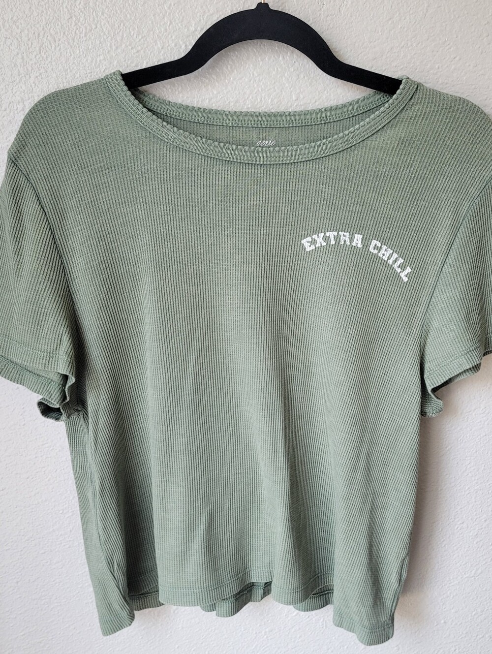 Aerie Waffle Knit Short Sleeve Crew Neck Tee Size XXLarge In Sage Green NWT